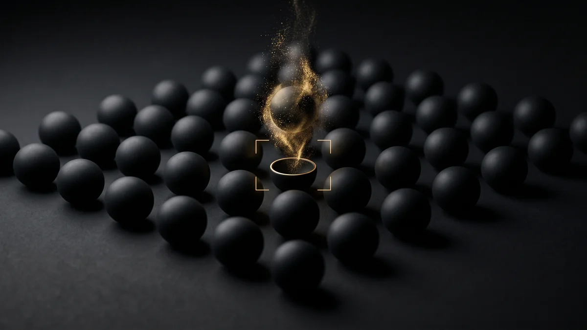 Forty identical matte black spheres in a grid on a dark surface; one is dissolving upward into warm gold particles, its empty place marked by a thin luminous gold targeting bracket
