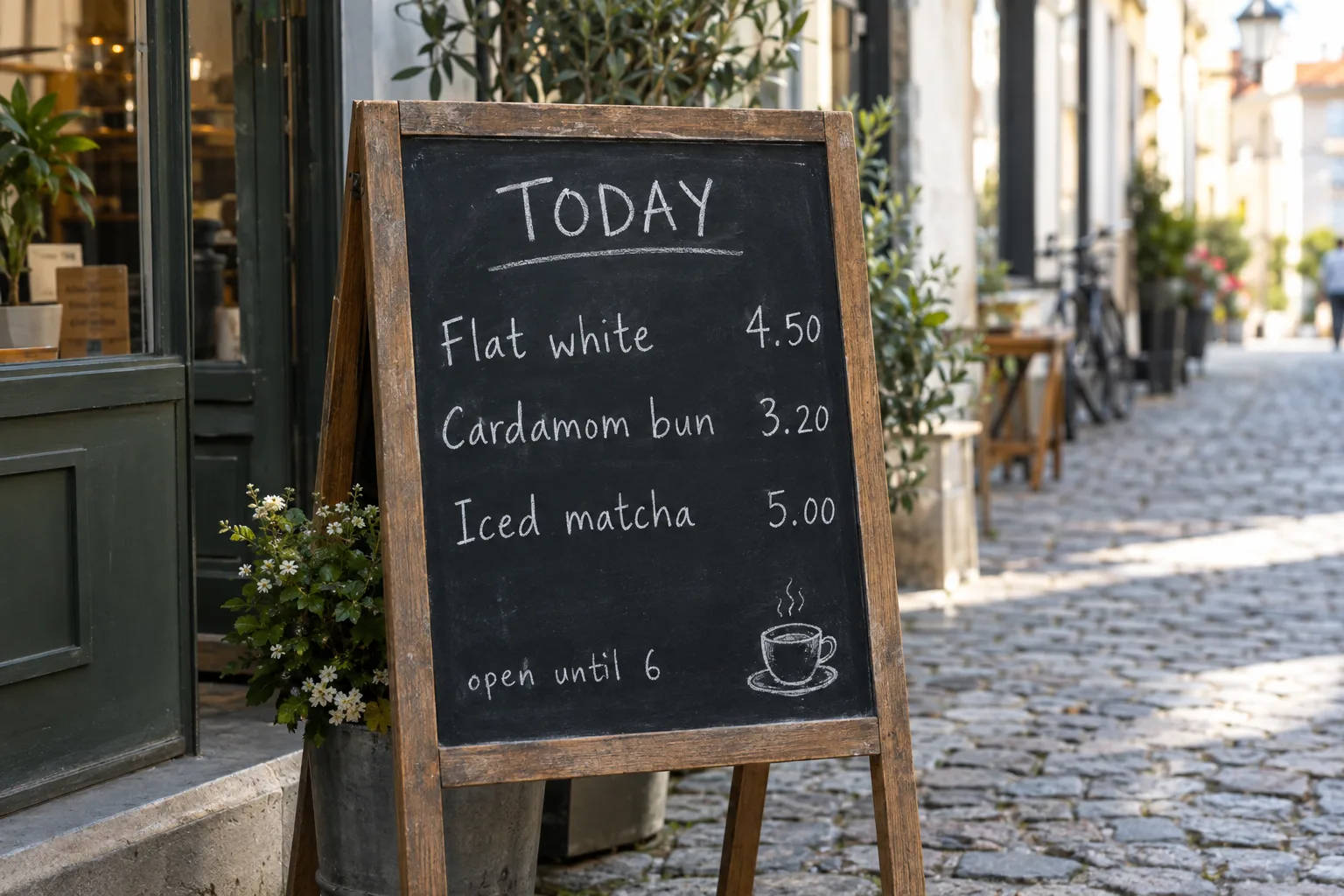 A café chalkboard on a wooden easel on a cobblestone street, the chalk lettering reading TODAY, Flat white 4.50, Cardamom bun 3.20, Iced matcha 5.00 and open until 6, with a small chalk drawing of a steaming cup — rendered by GPT Image 2.5 Flare
