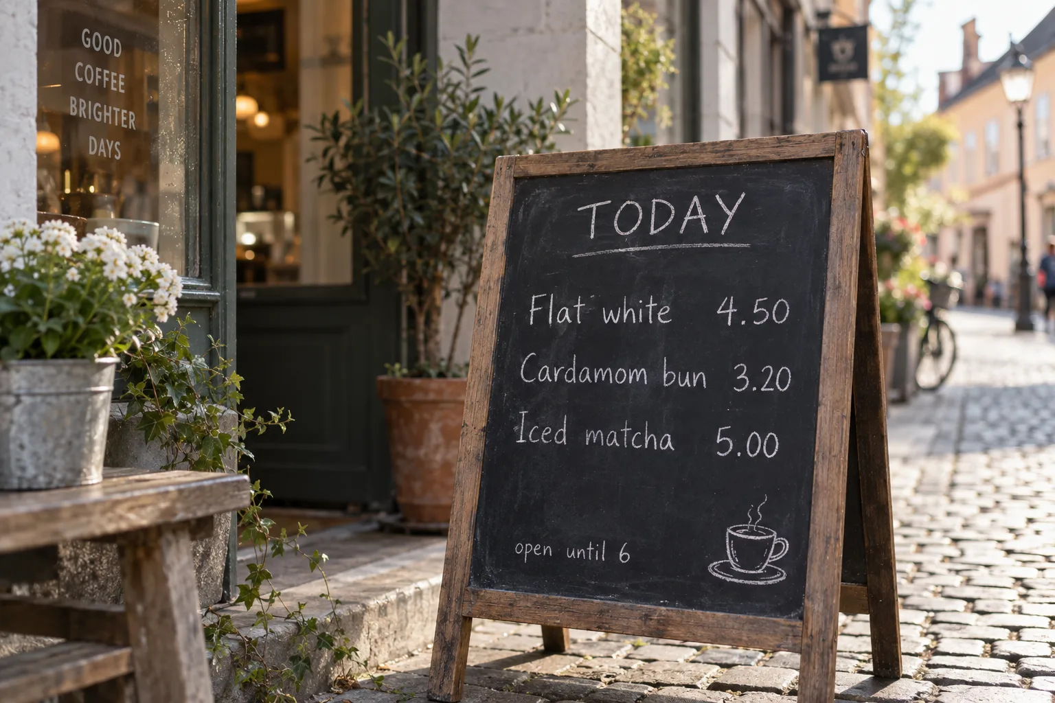 The same chalkboard prompt rendered by GPT Image 2.5 Sunburst: TODAY, Flat white 4.50, Cardamom bun 3.20, Iced matcha 5.00, open until 6, and in the shop window behind it a slogan of its own, GOOD COFFEE BRIGHTER DAYS
