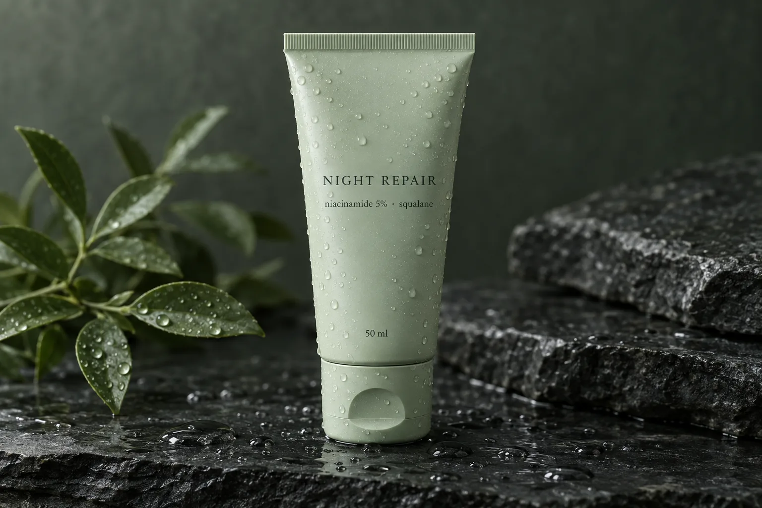 A pale sage-green skincare tube standing on wet dark slate with water droplets, its front reading NIGHT REPAIR, then niacinamide 5% · squalane, then 50 ml, every letter crisp — rendered by GPT Image 2.5 Flare