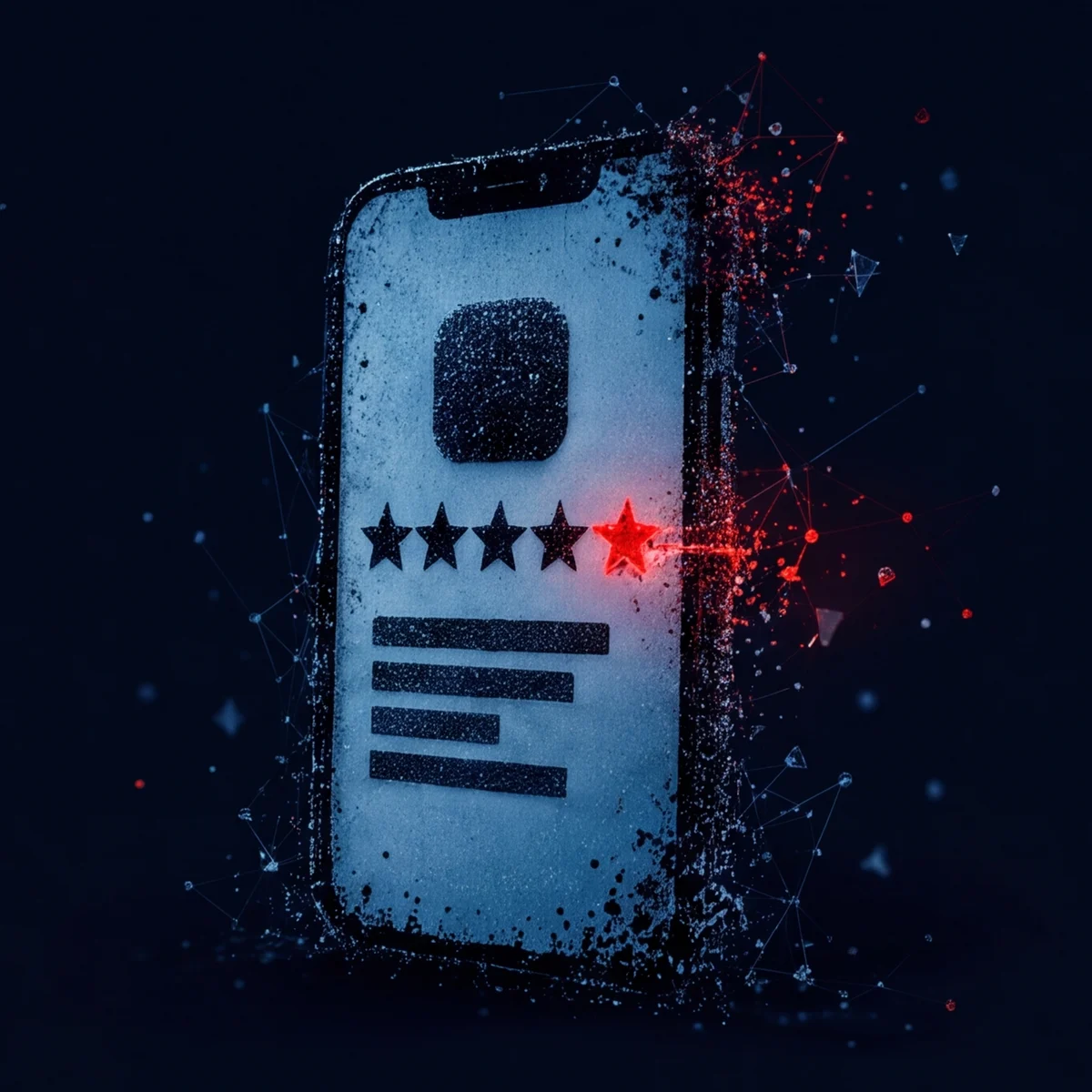 A smartphone rendered as particles showing an app icon and a row of stars, one in red