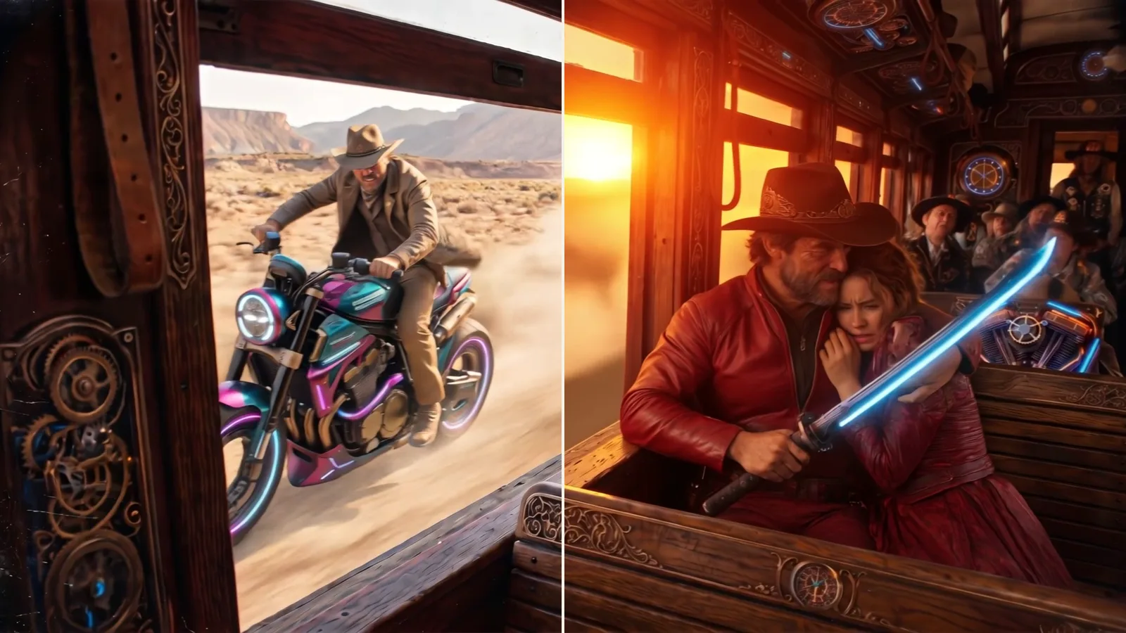 One frame split down the middle: on the left the reference clip, a bearded cowboy in a black T-shirt inside a wooden steampunk train carriage in daylight with a rider on a neon motorcycle outside the window; on the right the clip Kling 3.0 Omni generated from it, the same shot and the same acting with the hero now in a red leather jacket and the desert lit by sunset