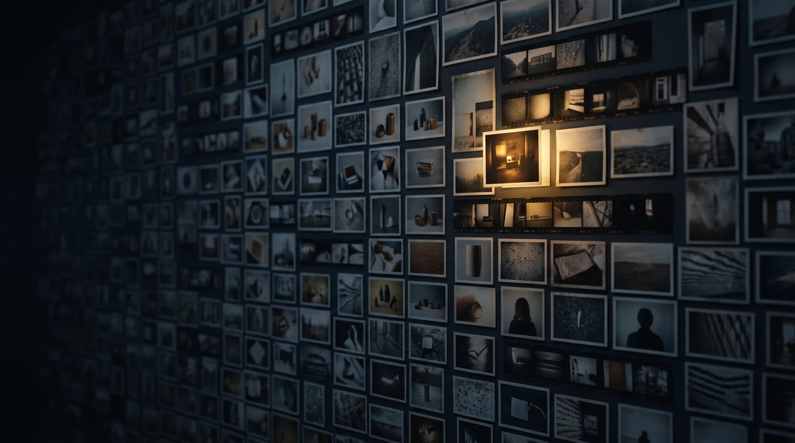 A dark wall of thousands of small photographs and film strips, with one print glowing warm gold — the one the search found