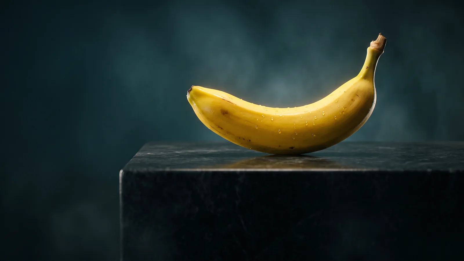A single glossy yellow banana with water droplets on a dark stone pedestal, lit like a luxury product shot against a deep teal backdrop — generated by Nano Banana 2.1