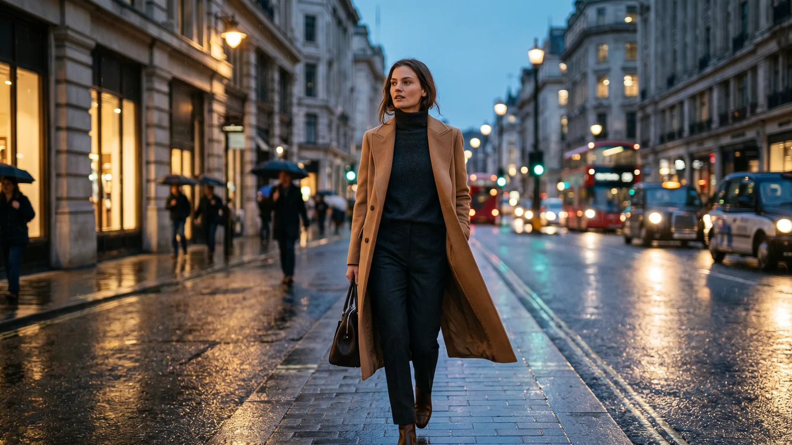 A woman in a long camel wool coat and black turtleneck walking down the middle of a rain-wet London street at dusk, shop windows and car lights glowing behind her — generated by Nano Banana 2.1
