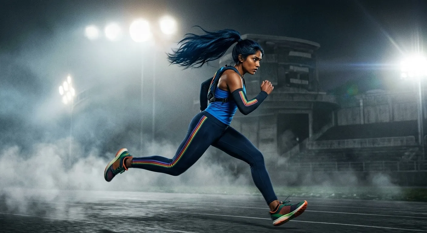 Nano Banana 2.1 photograph of the same character sprinting across the track under floodlights, with the same blue ponytail, blue top, striped sleeves and foggy stadium