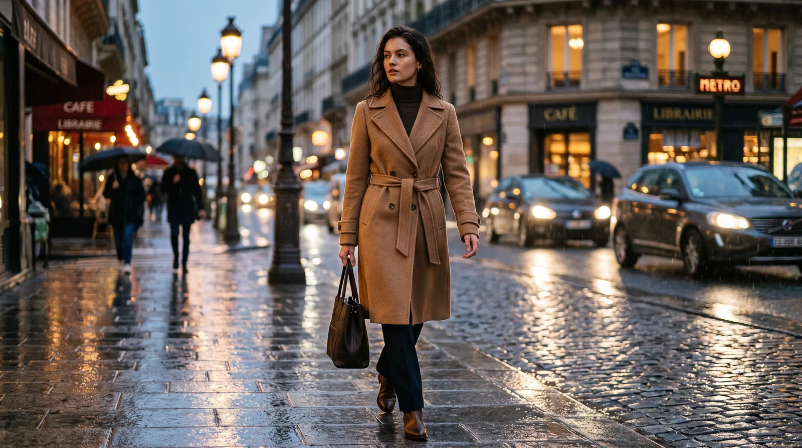 A woman in a belted camel wool coat walking past a café and a Metro sign on a rain-wet Paris street at dusk, carrying a brown tote — generated by Nano Banana 2