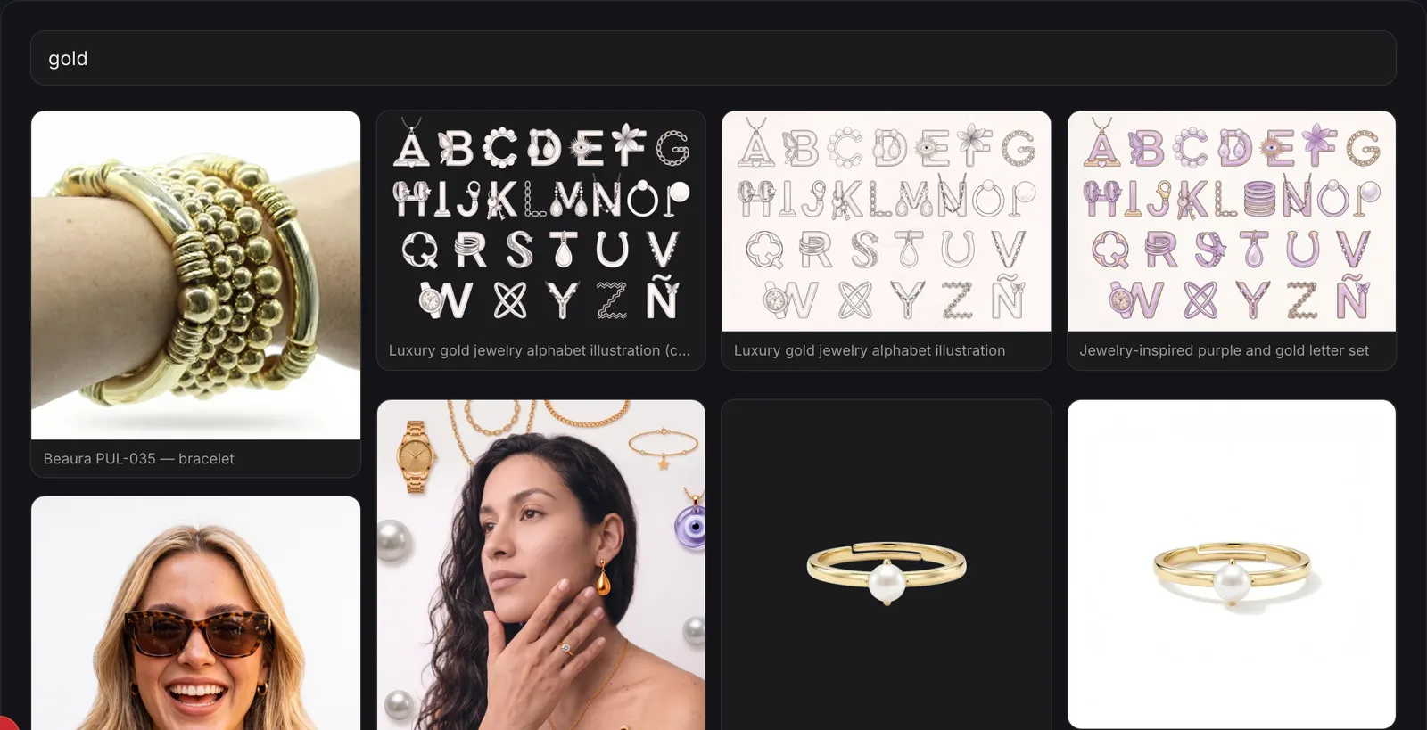 The embed widget searching a live library, with results packed in a masonry grid