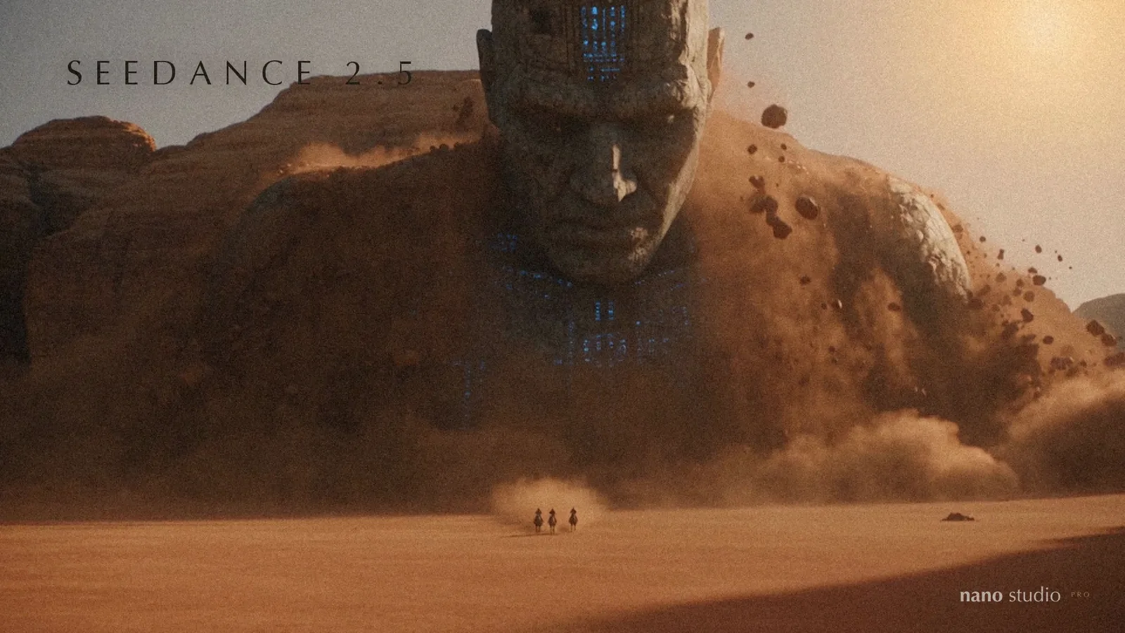 A giant stone face rising out of a desert sandstorm, three tiny explorers at its feet, with the words SEEDANCE 2.5 in the sky — a frame from the Seedance 2.5 trailer