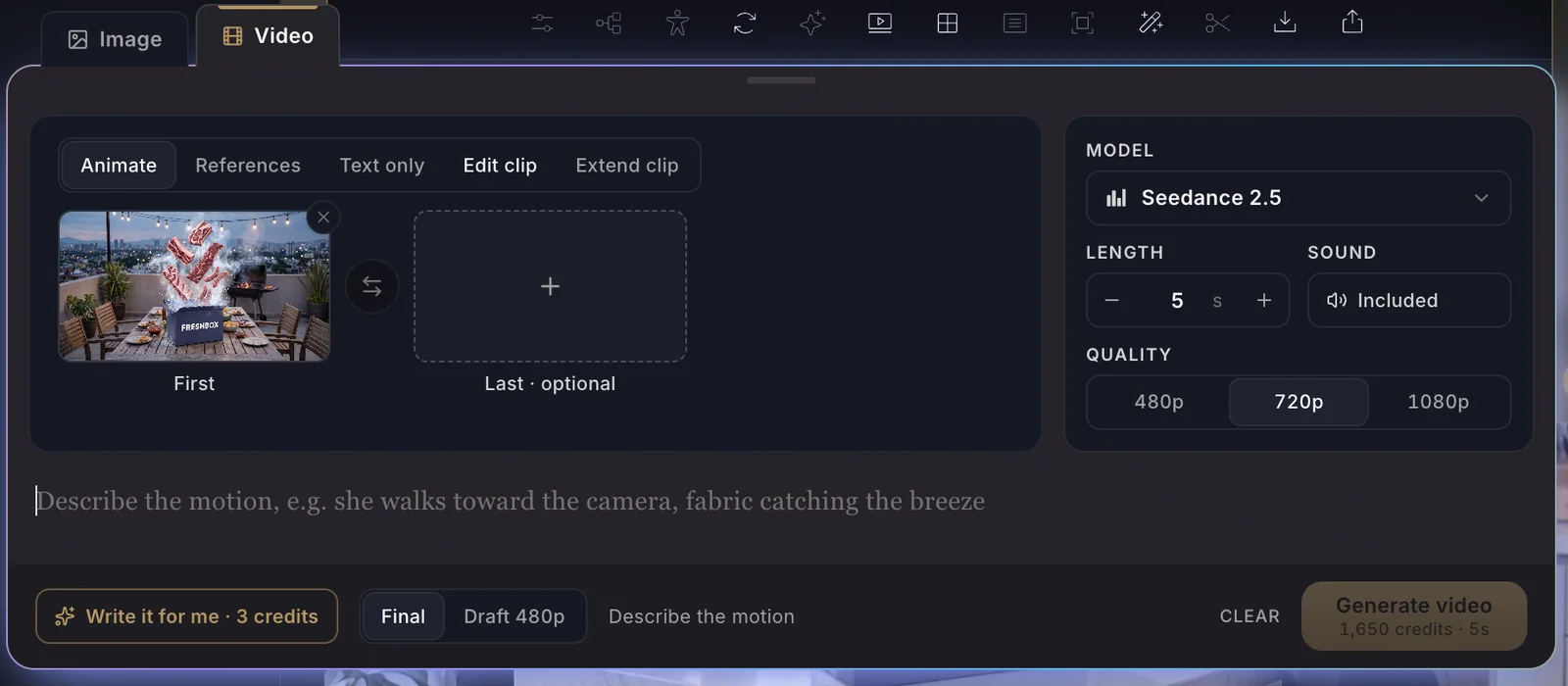The Video tab of the Prompter with Seedance 2.5 selected: Animate mode with a first frame and an optional last frame, length 5 seconds, sound included, quality 720p, a Write it for me button at 3 credits, Final and Draft 480p, and a Generate video button priced at 1,650 credits for 5 seconds