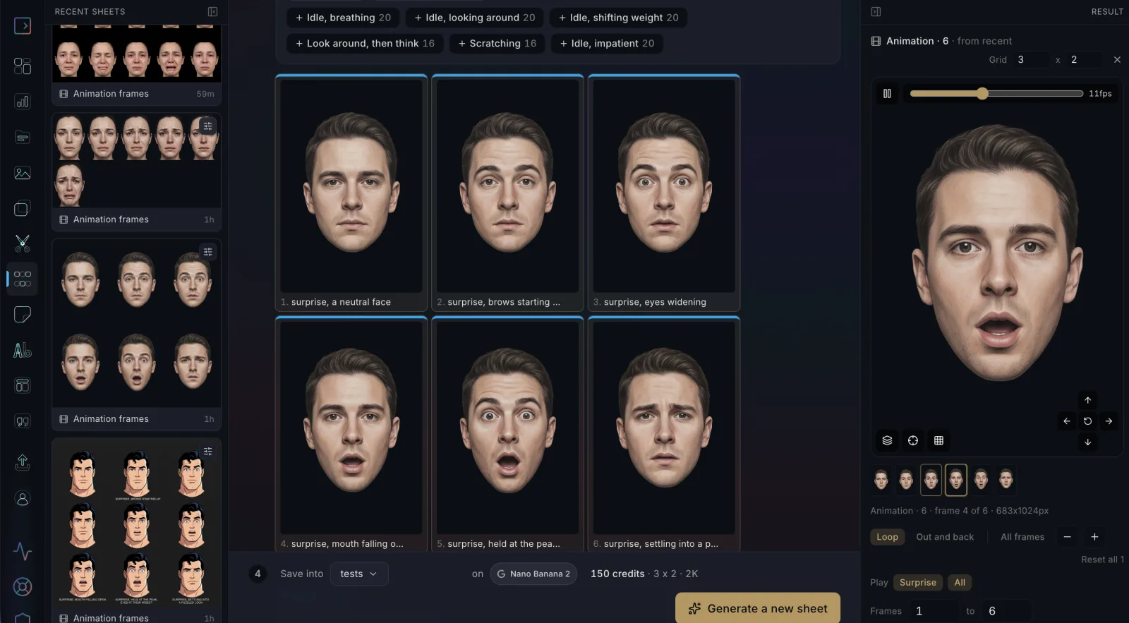 A six-frame animation sheet of a young man's face going from a neutral look to wide-eyed surprise and settling into a puzzled expression, three across and two down, with the player on the right at eleven frames a second showing the open-mouthed frame large and a strip of the six frames under it