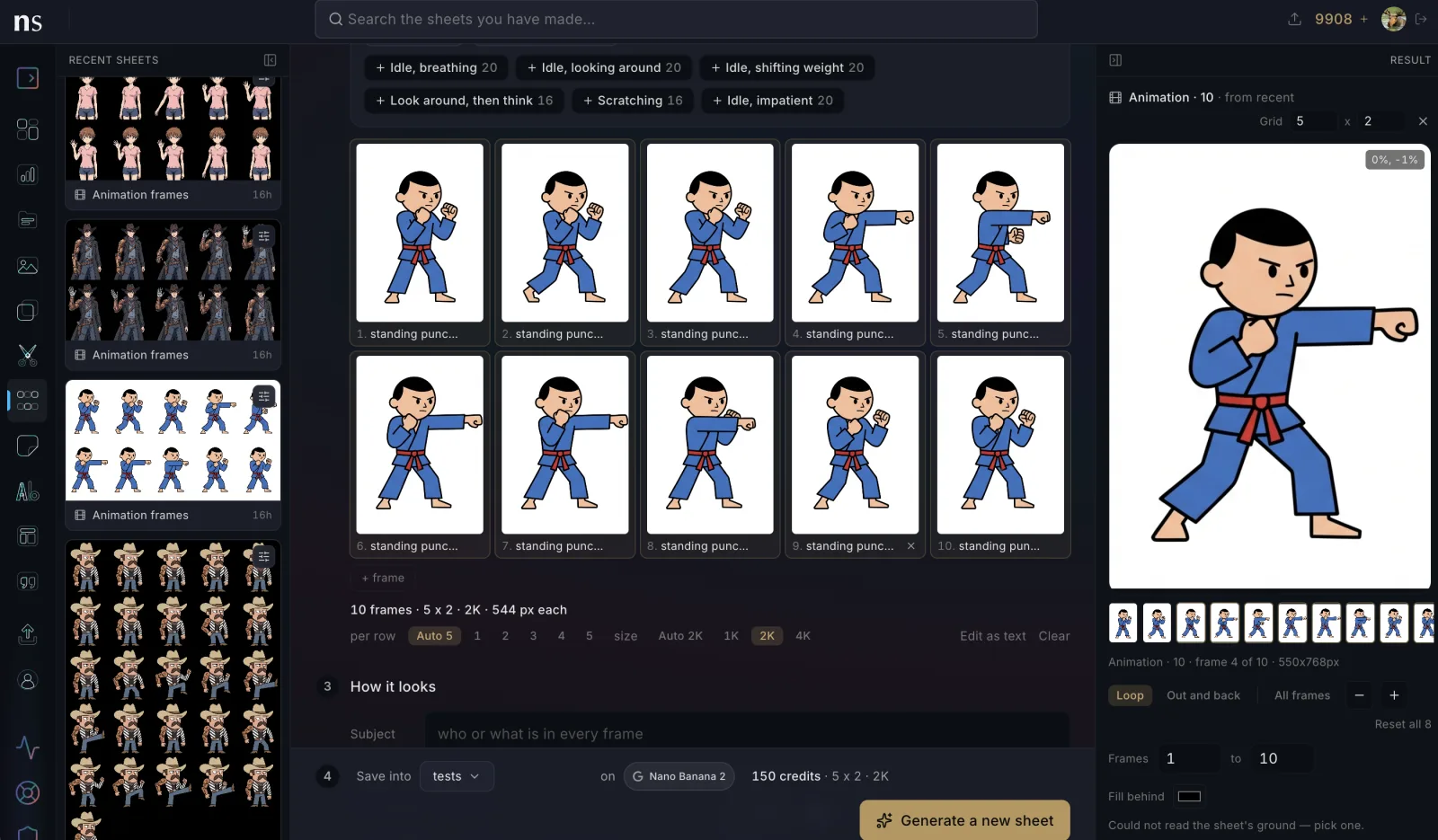 A ten-frame flat-vector animation sheet of a karate student in a blue gi throwing a standing punch, five across and two down on white, with the readout 10 frames · 5 x 2 · 2K · 544 px each, per-row and size chips, and the player on the right showing the extended punch with the All frames control beside Loop and Out and back