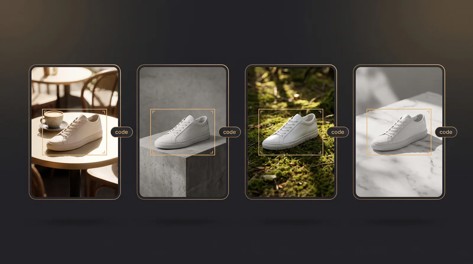 The same white sneaker photographed in four different scenes — a café table, a concrete plinth, forest moss and marble — each one carrying the identical gold detection box and the same product code