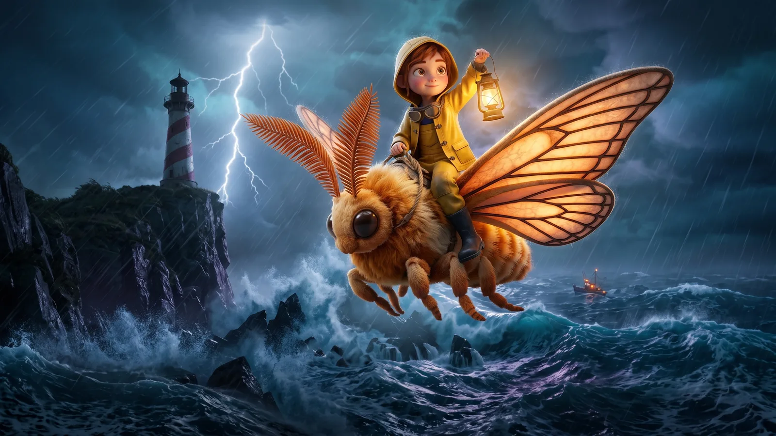 Mira, a girl in a yellow raincoat and flying goggles, rides Ember, a giant glowing moth, over a stormy sea toward a fishing boat, holding a lantern high, with a striped lighthouse and lightning behind her