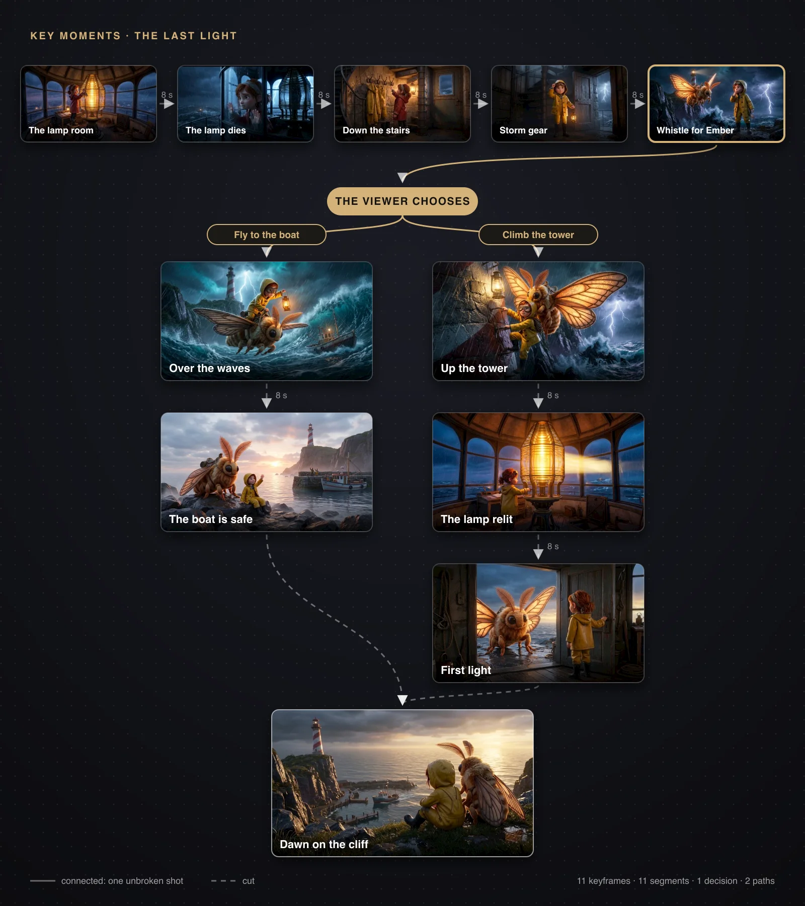 The graph of Mira and the Last Light: five keyframes in a row from the lamp room to Mira whistling for Ember, a gold decision with two options, Fly to the boat and Climb the tower, a two-card path and a three-card path, and both paths meeting at dawn on the cliff