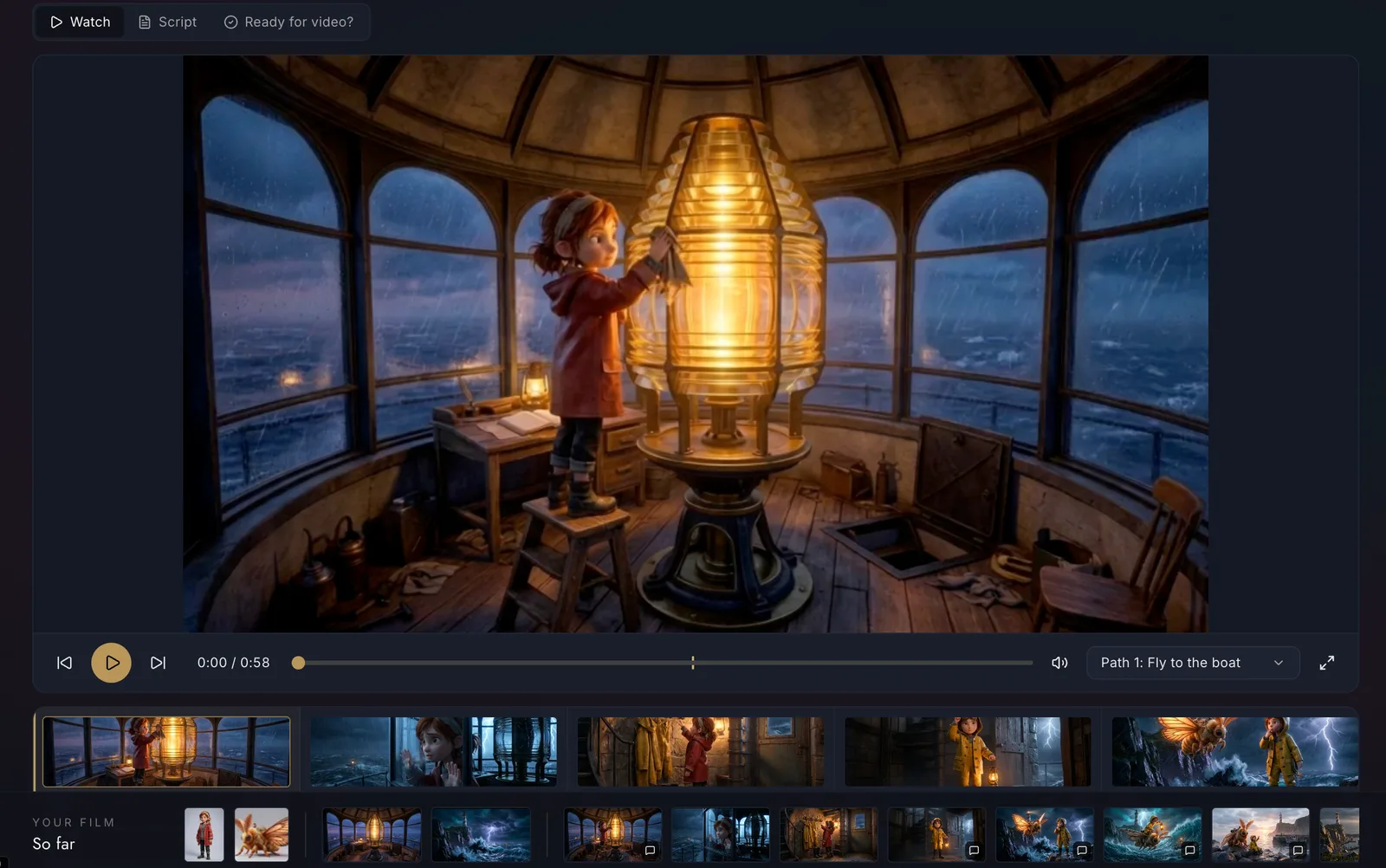 The Watch it step: Mira in the lamp room, the player with a gold decision mark and the strip of keyframes