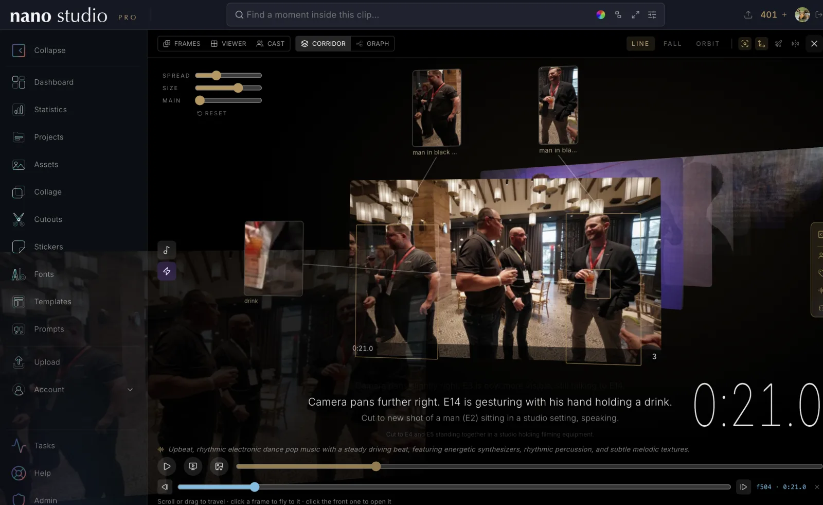 The clip corridor in Nano Studio Pro: a moment of a party clip with the people and a drink lifted out as labelled crops beside it, the shot description under the frame, the soundtrack prompt along the bottom, and Spread, Size and Main sliders at the top left