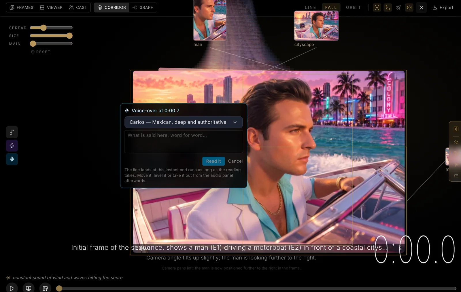 A voice-over being added in the clip corridor at 0:00.7: the narrator picker on Carlos, Mexican, deep and authoritative, a box for what is said word for word and a Read it button, over a frame of a man driving a motorboat past a neon coastal city at sunset, with the shot description under the frame and the soundscape line along the bottom