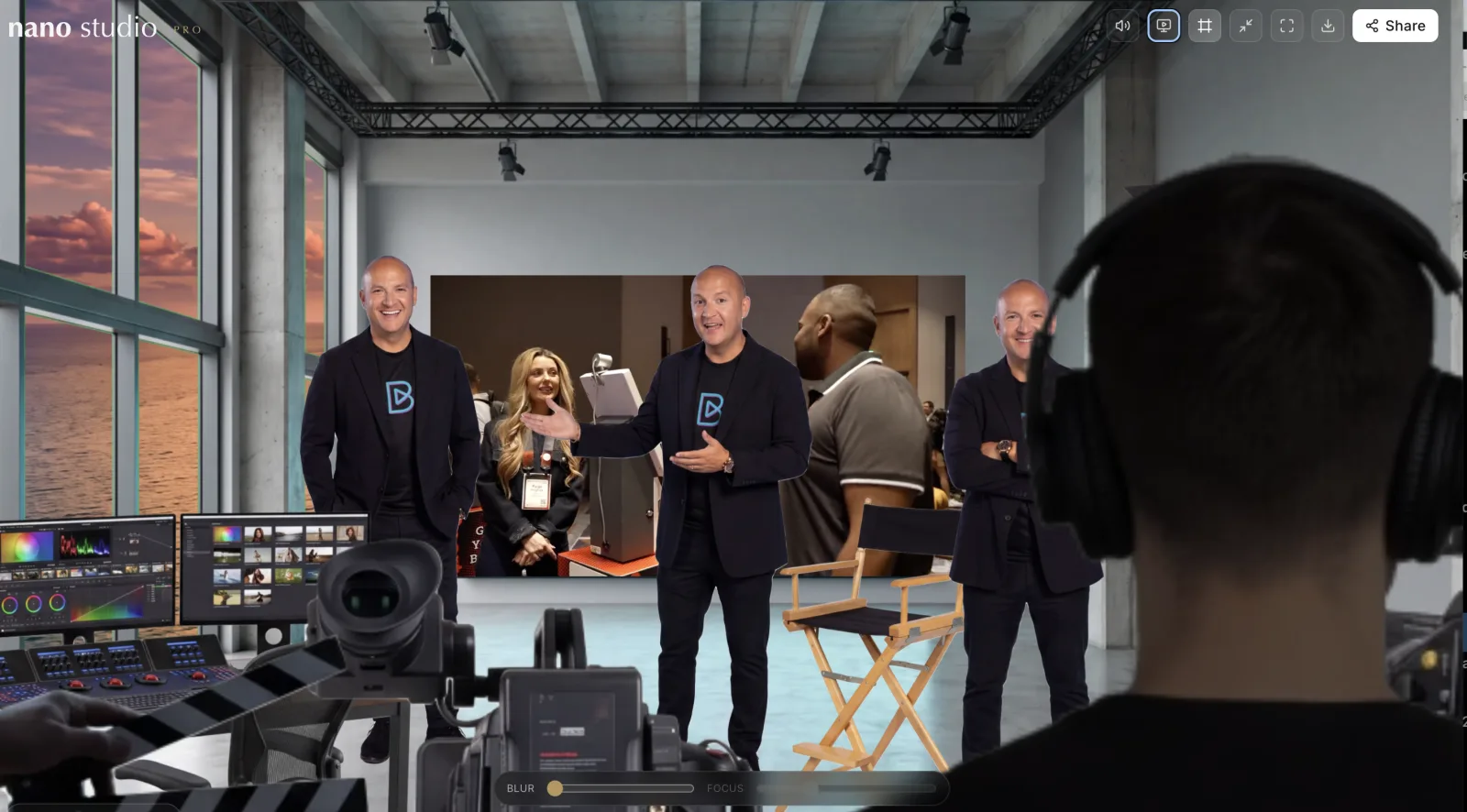 A shared diorama in cinema mode: a video of a presenter plays on a screen inside a studio set with cutouts of him standing beside it, a director's chair and a camera in the foreground, and Blur and Focus sliders under the scene