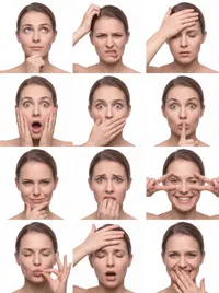 Woman demonstrating twelve distinct facial expressions