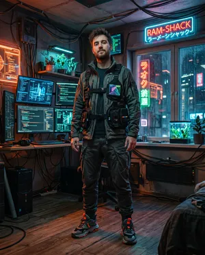 Add a man standing in front of the camera with…