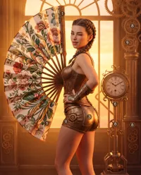 Steampunk woman with floral fan