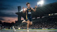Intense Cal long jumper in flight