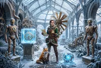 Steampunk explorer in icy greenhouse