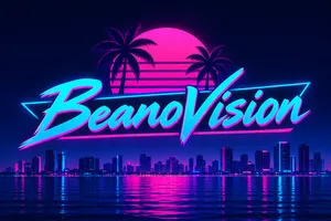 Synthwave neon BeanoVision logo cityscape