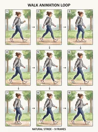 Show natural walk animation loop 9 frames Output…