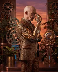 Pensive man with ornate mechanical arm