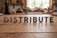 Bronze letters spelling DISTRIBUTE on wooden table