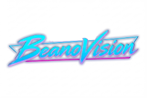 Synthwave neon BeanoVision logo cityscape (cutout)