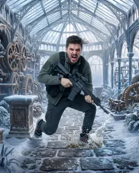 Tactical operator in winter gear greenhouse