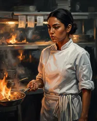 Focused female chef sautéing at station