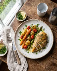 Rustic roasted chicken and vegetable dinner
