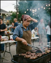 Tired cook grilling steaks at party