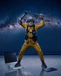 Cybernetic man with bat in galaxy