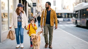 Family walk on a city sidewalk