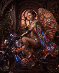 Steampunk floral rider in golden gear