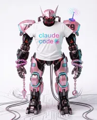 Claude Code branded metallic humanoid robot