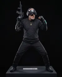 Cybernetic tactical operator on black background