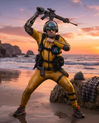 Tactical operator in yellow on sunset beach