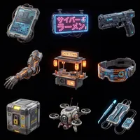 Against black bg create 9 futuristic cyberpunk…