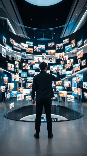 Man interacting with digital image wall