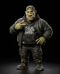 A funny pixar like ork with urban clothing posing…