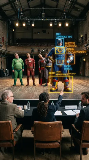 Superhero casting panel on theatrical stage