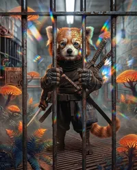 Sad red panda ninja in prison