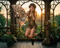 Steampunk adventurer jumping in tropical pavilion
