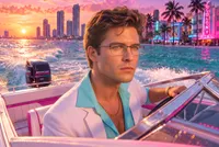 Man in linen blazer driving Miami speedboat